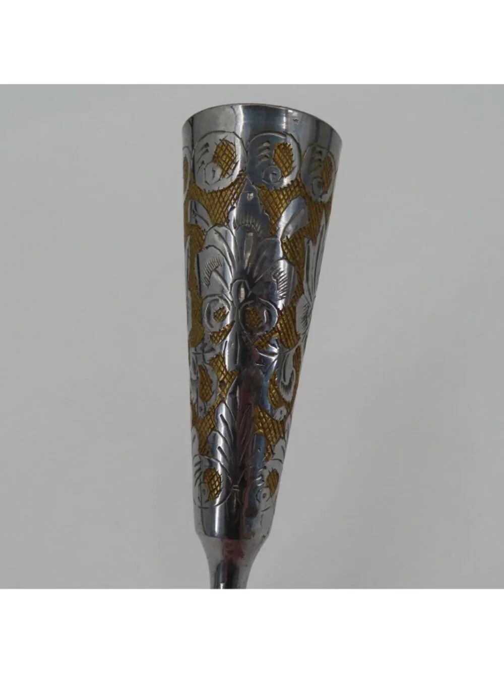 VTG Hand Chased Etched Floral Swag Silver Gold Tone Metal Vase 6.9in Israel Made